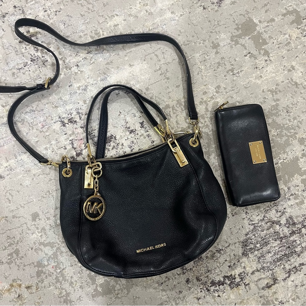 Michael Kors Black Leather Handbag and Wallet Set